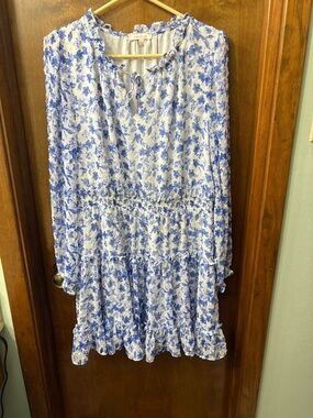 Skies Are Blue, Blue & White Floral Ruffle Dress L
